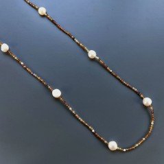 Collana Lunga Pietre Dure Agata Brasiliana Marrone Con Perle Di Fiume Beige Barocche 110cm E Chiusura In Argento 925
