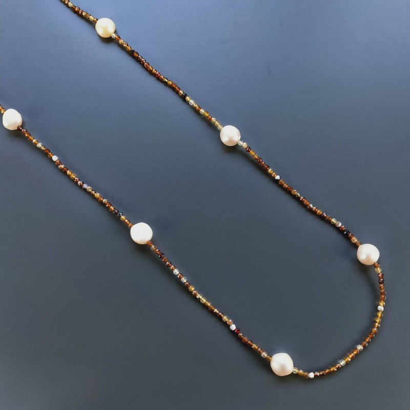 Collana Lunga Pietre Dure Agata Brasiliana Marrone Con Perle Di Fiume Beige Barocche 110cm E Chiusura In Argento 925