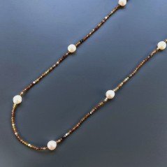 Collana Lunga Pietre Dure Agata Brasiliana Marrone Con Perle Di Fiume Beige Barocche 110cm E Chiusura In Argento 925