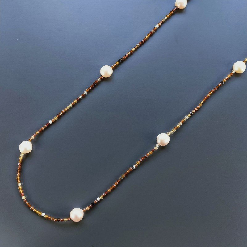 Collana Lunga Pietre Dure Agata Brasiliana Marrone Con Perle Di Fiume Beige Barocche 110cm E Chiusura In Argento 925