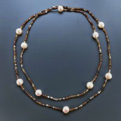 Collana Lunga Pietre Dure Agata Brasiliana Marrone Con Perle Di Fiume Beige Barocche 110cm E Chiusura In Argento 925