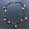 Collana Lunga Pietre Dure Agata Brasiliana Marrone Con Perle Di Fiume Beige Barocche 110cm E Chiusura In Argento 925