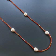 Collana Lunga Pietre Dure Agata Brasiliana Corniola Con Perle Di Fiume Beige Barocche 110cm E Chiusura In Argento 925