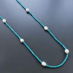 Collana Lunga Pietre Dure Giada Turchese Con Perle Di Fiume Irregolare 120cm E Chiusura In Argento 925
