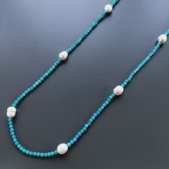 Collana Lunga Pietre Dure Giada Turchese Con Perle Di Fiume  Irregolare 120cm E Chiusura In Argento 925