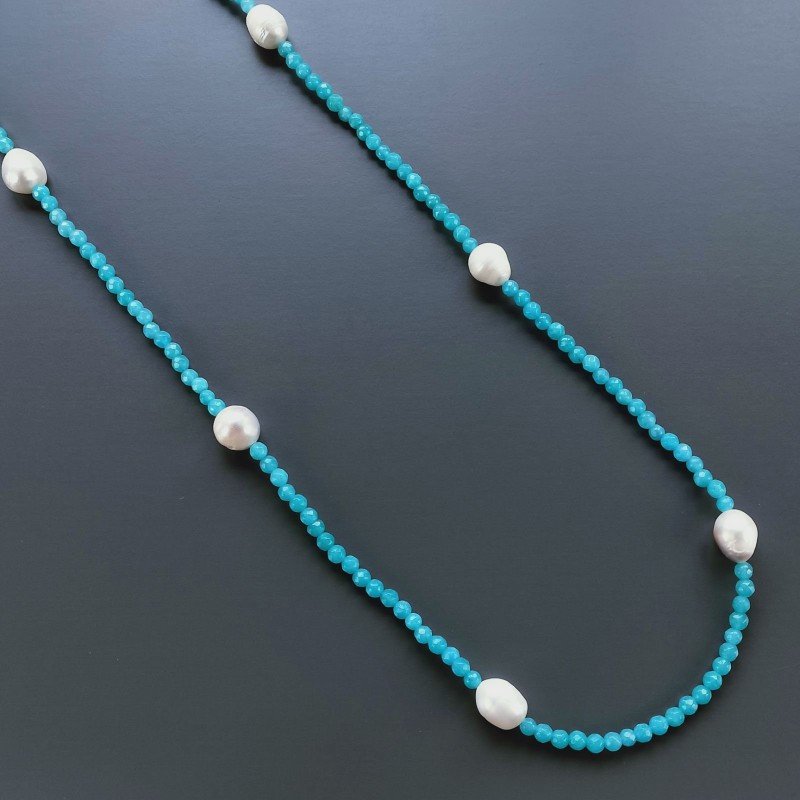 Collana Lunga Pietre Dure Giada Turchese Con Perle Di Fiume Irregolare 120cm E Chiusura In Argento 925
