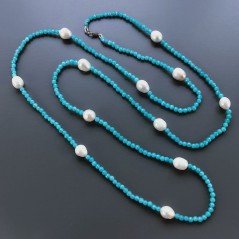Collana Lunga Pietre Dure Giada Turchese Con Perle Di Fiume Irregolare 120cm E Chiusura In Argento 925