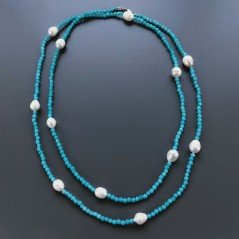 Collana Lunga Pietre Dure Giada Turchese Con Perle Di Fiume  Irregolare 120cm E Chiusura In Argento 925