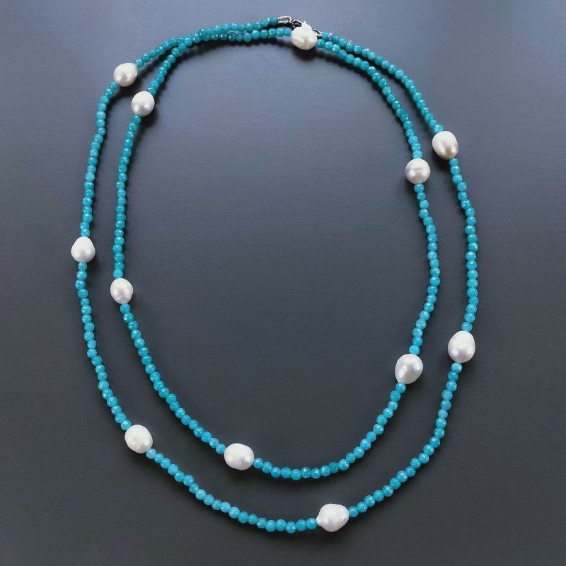 Collana Lunga Pietre Dure Giada Turchese Con Perle Di Fiume Irregolare 120cm E Chiusura In Argento 925
