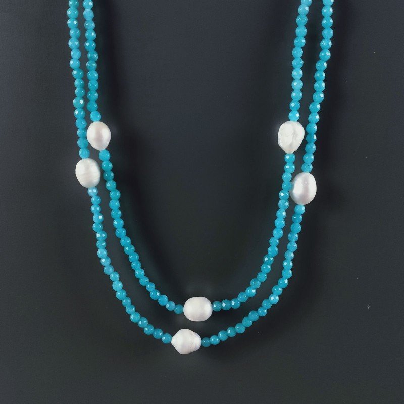 Collana Lunga Pietre Dure Giada Turchese Con Perle Di Fiume Irregolare 120cm E Chiusura In Argento 925