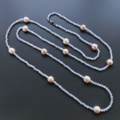 Collana Lunga Pietre Dure Agata Bianca Trasparente Con Perle Di Fiume Beige Barocche 120cm E Chiusura In Argento 925