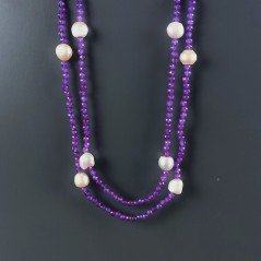 Collana Lunga Pietre Dure Giada Lavanda Con Perle Di Fiume Beige Barocche 120cm E Chiusura In Argento 925