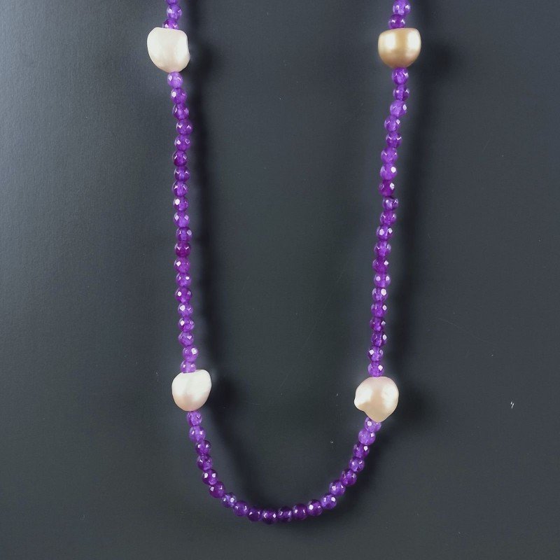 Collana Lunga Pietre Dure Giada Lavanda Con Perle Di Fiume Beige Barocche 120cm E Chiusura In Argento 925