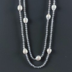 Collana Lunga Pietre Dure Agata Grigia Con Perle Di Fiume Irregolare 120cm E Chiusura In Argento 925