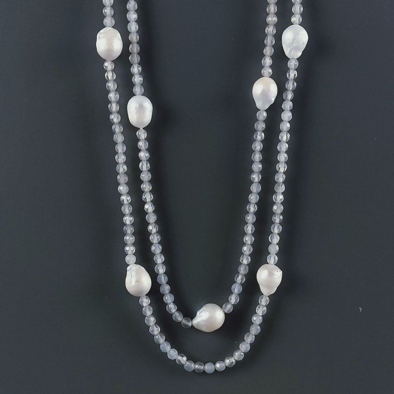 Collana Lunga Pietre Dure Agata Grigia Con Perle Di Fiume Irregolare 120cm E Chiusura In Argento 925