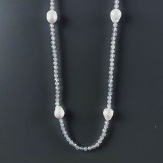 Collana Lunga Pietre Dure Agata Grigia Con Perle Di Fiume Irregolare 120cm E Chiusura In Argento 925