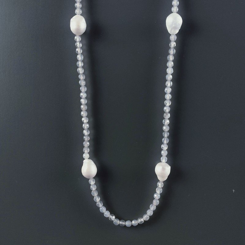 Collana Lunga Pietre Dure Agata Grigia Con Perle Di Fiume Irregolare 120cm E Chiusura In Argento 925