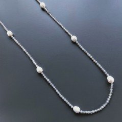 Collana Lunga Pietre Dure Agata Grigia Con Perle Di Fiume Irregolare 120cm E Chiusura In Argento 925