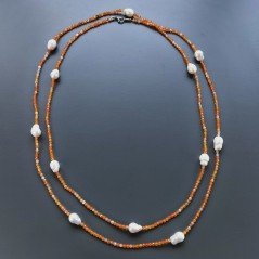 Collana Lunga Pietre Dure Agata Di Fuoco Con Perle Di Fiume Irregolare 140cm E Chiusura In Argento 925