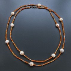 Collana Lunga Pietre Dure Agata Di Fuoco Con Perle Di Fiume Beige Barocche 120cm E Chiusura In Argento 925