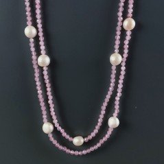 Collana Lunga Pietre Dure Giada Rosa Con Perle Di Fiume Beige Barocche 125cm E Chiusura In Argento 925