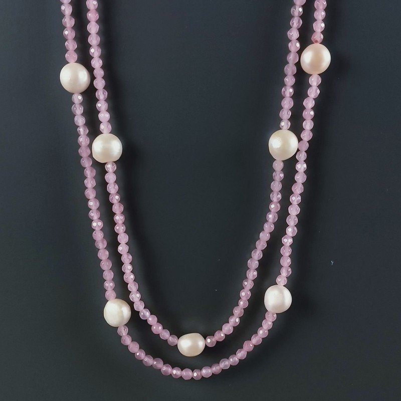 Collana Lunga Pietre Dure Giada Rosa Con Perle Di Fiume Beige Barocche 125cm E Chiusura In Argento 925