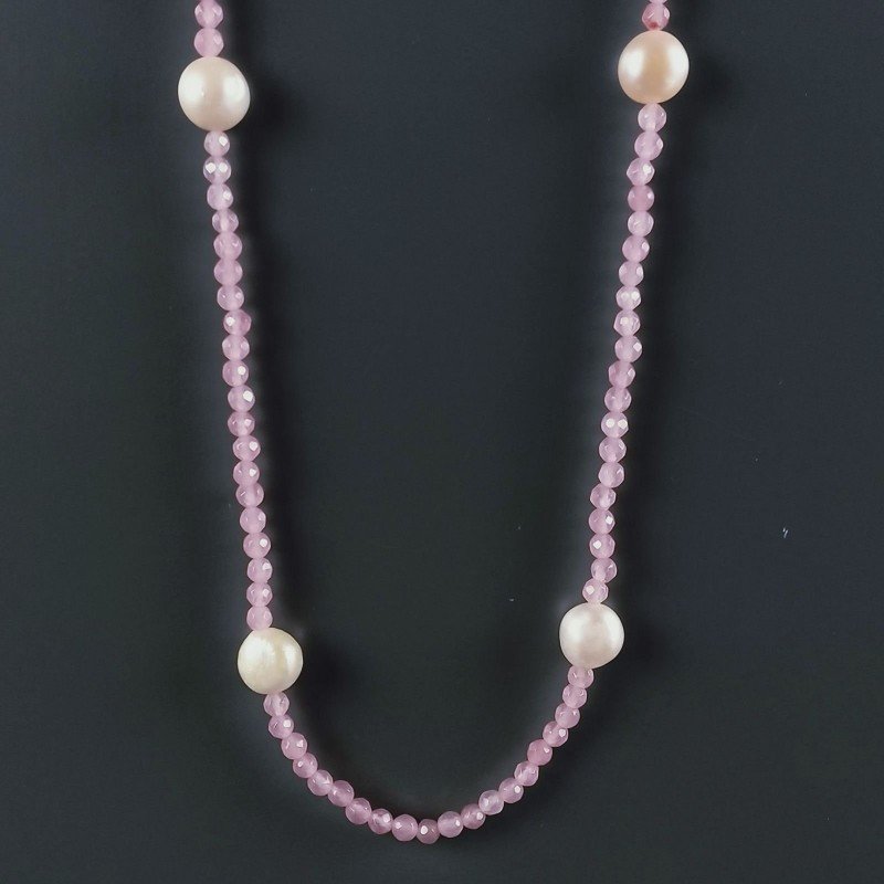 Collana Lunga Pietre Dure Giada Rosa Con Perle Di Fiume Beige Barocche 125cm E Chiusura In Argento 925