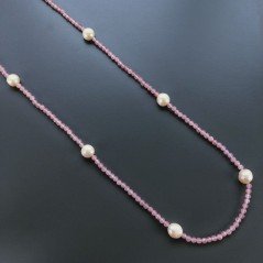 Collana Lunga Pietre Dure Giada Rosa Con Perle Di Fiume Beige Barocche 125cm E Chiusura In Argento 925