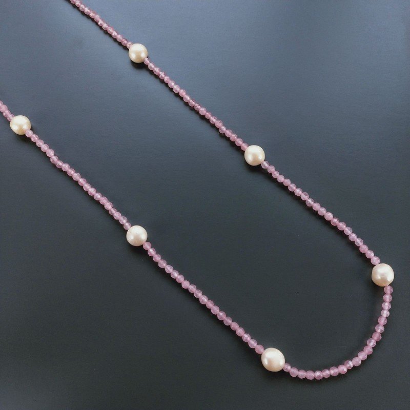 Collana Lunga Pietre Dure Giada Rosa Con Perle Di Fiume Beige Barocche 125cm E Chiusura In Argento 925