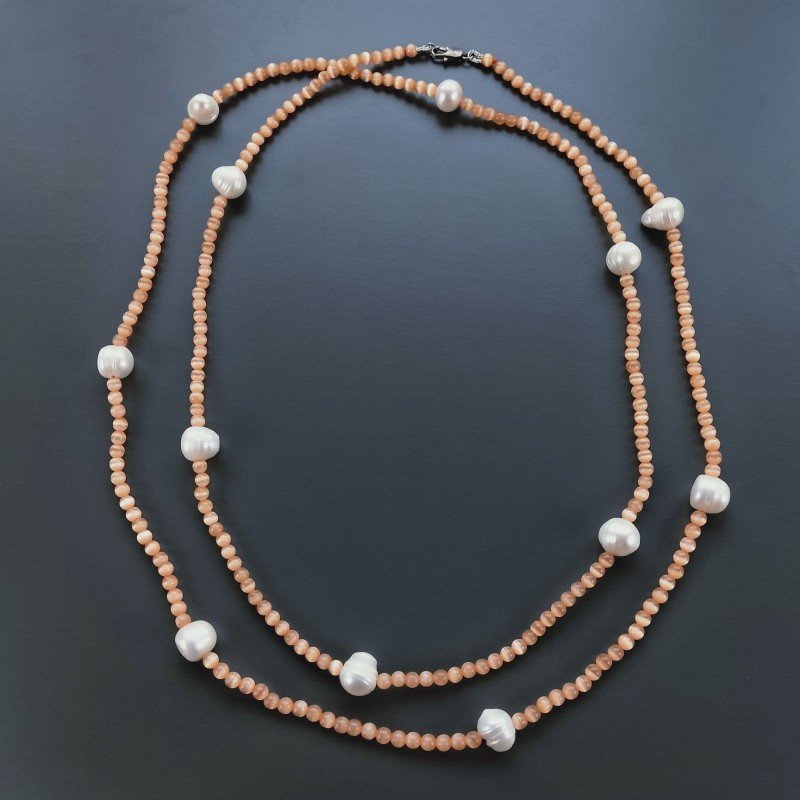 Collana Lunga Pietre Dure Occhio Di Gatto Con Perle Di Fiume Irregolare 115cm E Chiusura In Argento 925