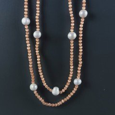 Collana Lunga Pietre Dure Occhio Di Gatto Con Perle Di Fiume Irregolare 115cm E Chiusura In Argento 925