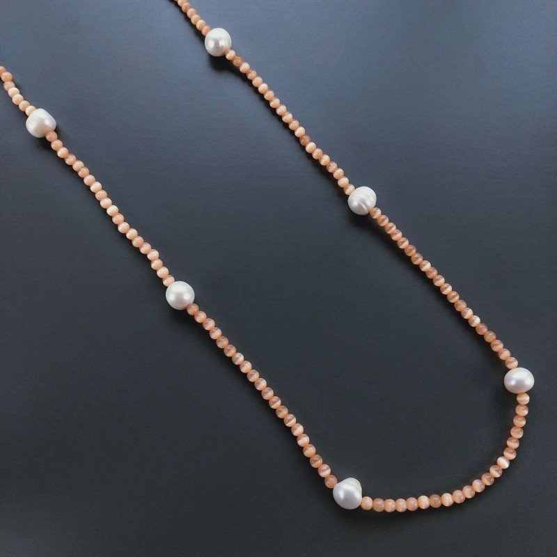Collana Lunga Pietre Dure Occhio Di Gatto Con Perle Di Fiume Irregolare 115cm E Chiusura In Argento 925