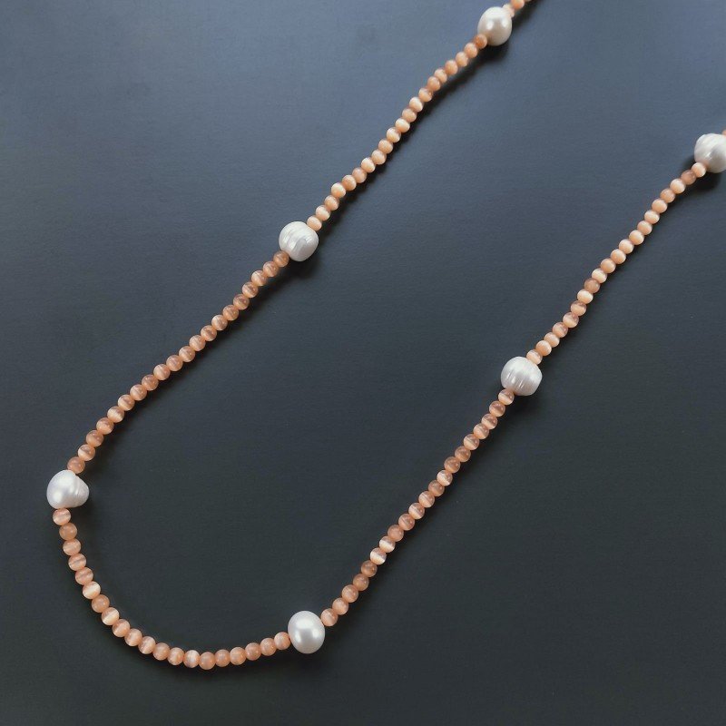 Collana Lunga Pietre Dure Occhio Di Gatto Con Perle Di Fiume Irregolare 115cm E Chiusura In Argento 925