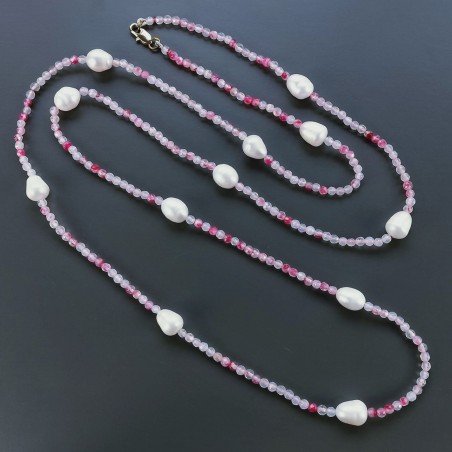 Collana Lunga Pietre Dure Agata Brasiliana Fucsia Con Perle Di Fiume Irregolare 115cm E Chiusura In Argento 925