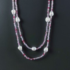 Collana Lunga Pietre Dure Agata Brasiliana Fucsia Con Perle Di Fiume Irregolare 115cm E Chiusura In Argento 925