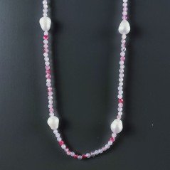 Collana Lunga Pietre Dure Agata Brasiliana Fucsia Con Perle Di Fiume Irregolare 115cm E Chiusura In Argento 925