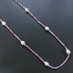 Collana Lunga Pietre Dure Agata Brasiliana Fucsia Con Perle Di Fiume Irregolare 115cm E Chiusura In Argento 925