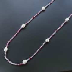 Collana Lunga Pietre Dure Agata Brasiliana Fucsia Con Perle Di Fiume Irregolare 115cm E Chiusura In Argento 925