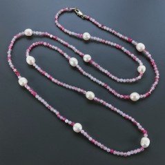 Collana Lunga Pietre Dure Agata Brasiliana Fucsia Con Perle Di Fiume Irregolare 115cm E Chiusura In Argento 925