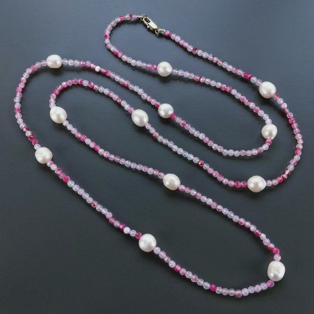 Collana Lunga Pietre Dure Agata Brasiliana Fucsia Con Perle Di Fiume Irregolare 115cm E Chiusura In Argento 925