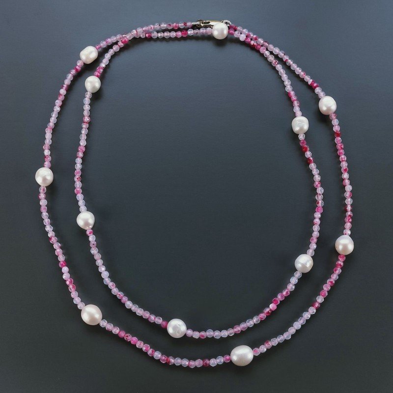 Collana Lunga Pietre Dure Agata Brasiliana Fucsia Con Perle Di Fiume Irregolare 115cm E Chiusura In Argento 925