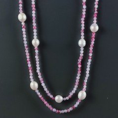 Collana Lunga Pietre Dure Agata Brasiliana Fucsia Con Perle Di Fiume Irregolare 115cm E Chiusura In Argento 925