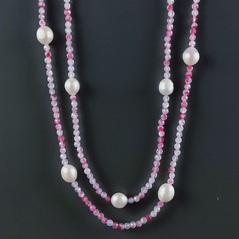 Collana Lunga Pietre Dure Agata Brasiliana Fucsia Con Perle Di Fiume Irregolare 115cm E Chiusura In Argento 925