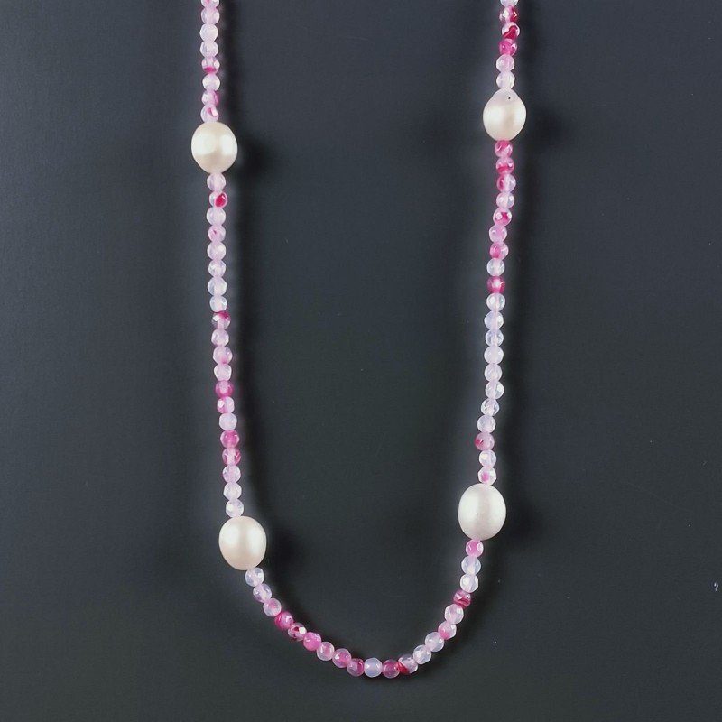 Collana Lunga Pietre Dure Agata Brasiliana Fucsia Con Perle Di Fiume Irregolare 115cm E Chiusura In Argento 925