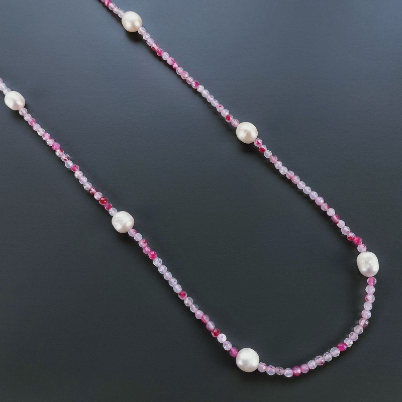 Collana Lunga Pietre Dure Agata Brasiliana Fucsia Con Perle Di Fiume Irregolare 115cm E Chiusura In Argento 925