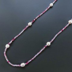 Collana Lunga Pietre Dure Agata Brasiliana Fucsia Con Perle Di Fiume Irregolare 115cm E Chiusura In Argento 925