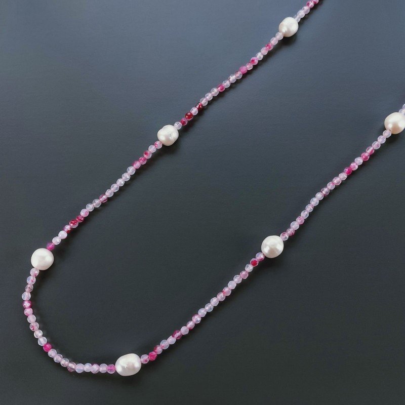 Collana Lunga Pietre Dure Agata Brasiliana Fucsia Con Perle Di Fiume Irregolare 115cm E Chiusura In Argento 925