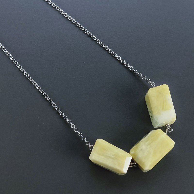 Collana Girocollo Con Catena Rodiato Argento 925 E Giada Limone Sassi Sfaccettato A Mano 1Pz