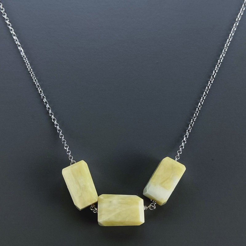 Collana Girocollo Con Catena Rodiato Argento 925 E Giada Limone Sassi Sfaccettato A Mano 1Pz