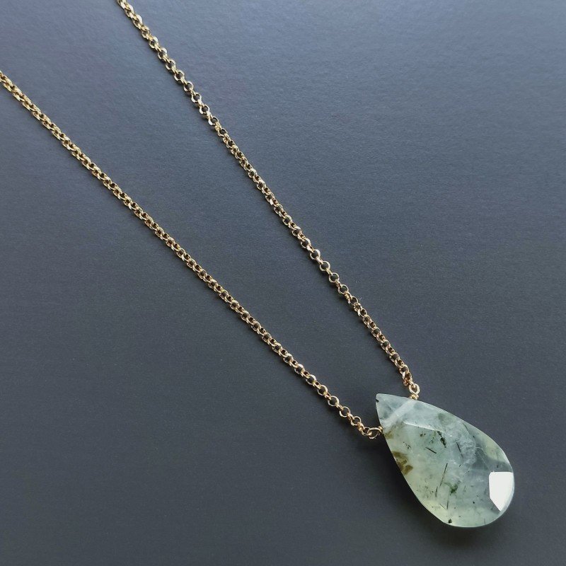 Collana Girocollo Con Catena Dorato Argento 925 E Prehnite Goccia Briolette Sfaccettato A Mano 1Pz